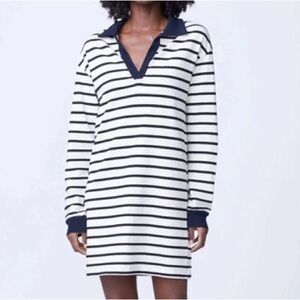 NWT Monrow Stripe Relaxed Polo Dress in Natural Black in size XS